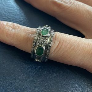 Genuine emerald and pave diamonds on rhodium setting ring
